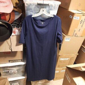 NEW TAG ! Karen Scott Cotton Boat Neck Elbow sleeve Dress Navy Blue Size M